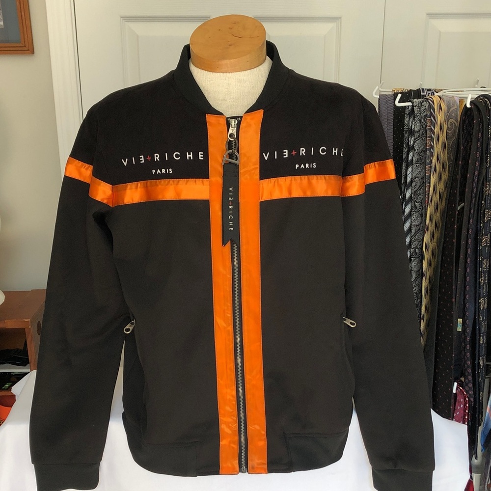 Vie+Riche Vintage Paris Men's Black and Orange Bomber Jacket